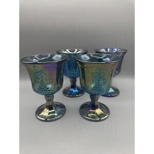 Indiana Glass Glasses Goblets Harvest Grapes Blue Carnival Set of 4 Vintage 70s